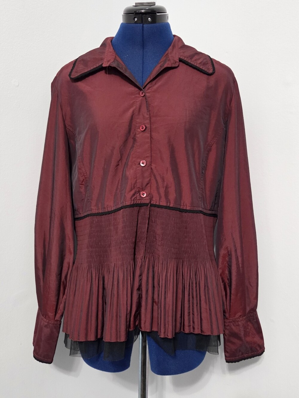 Y2K Burgundy Pleated Button Down Blouse Size M
